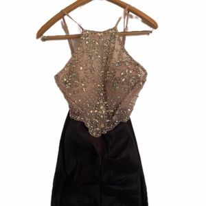 Semi Formal Women's Cocktail Dress with Sheer Mesh and Rhinestones (Size: S)